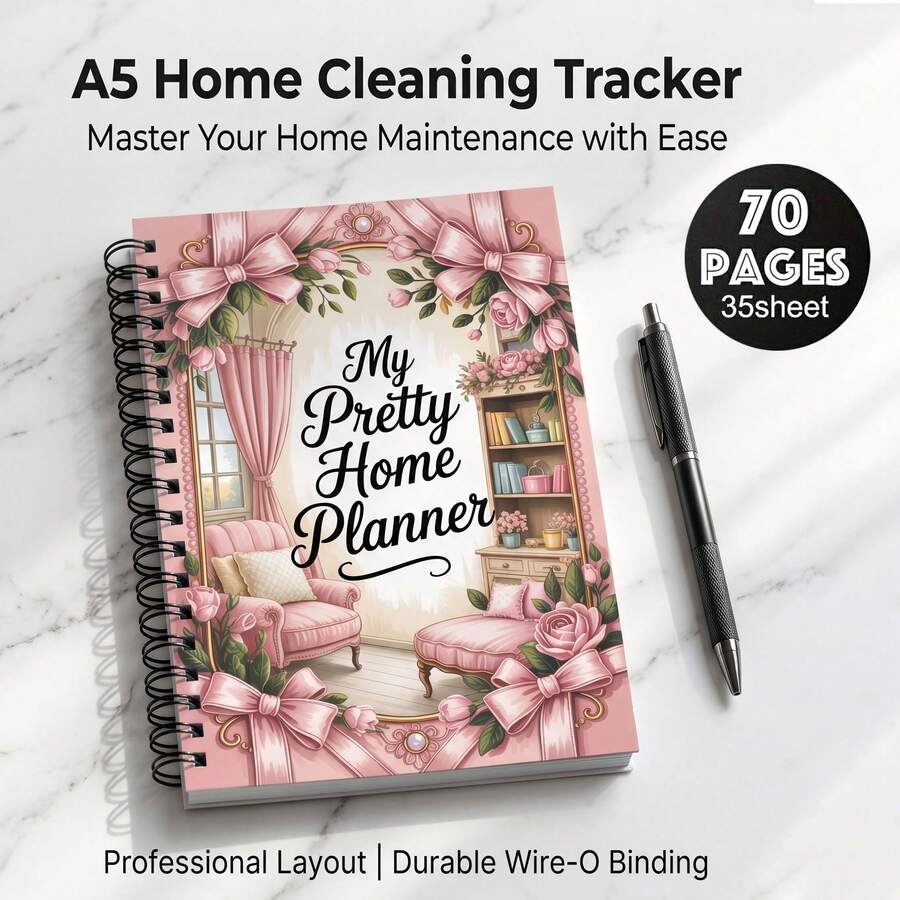 1本 My Pretty Home Planner 復古居家插畫螺旋筆記本,家務管理日程日記,學生/辦公日常規劃手帳,學校用品 - A5 - 查看 1