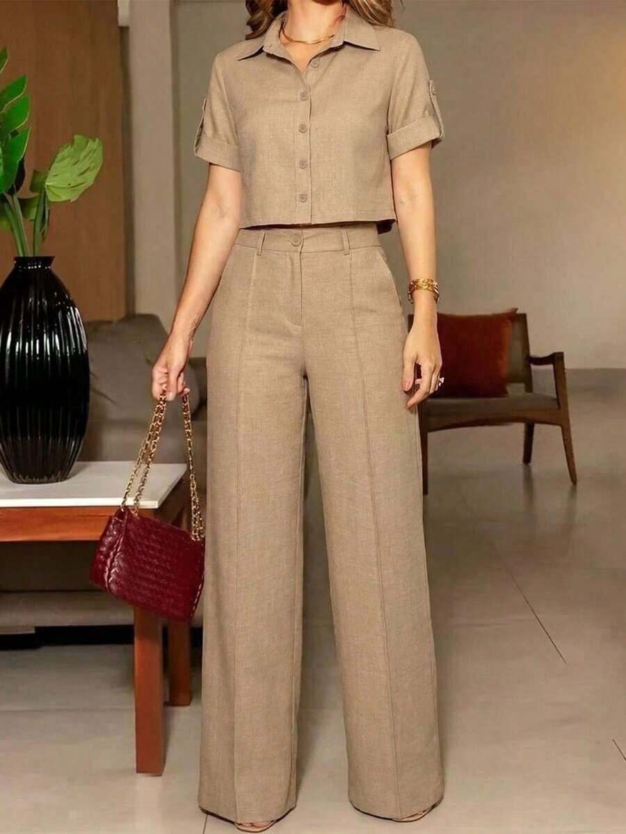 ANCHOSE Conjunto de camisa de botones de cuello corto azul marino de verano para mujer + pantalones de pierna ancha con cintura elástica alta, conjunto de atuendo casual minimalista para ir al trabajo - Blanco - Ver 1
