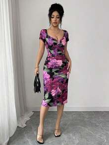 Vestido midi elegante de color púrpura con estampado floral romántico, diseño de volantes, decoración de lazo, mangas cortas, uso casual diario y para fiestas, primavera/verano - Morado - Ver 4