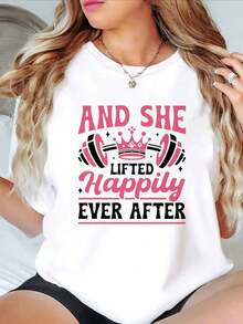 100% algodón puro Camiseta Casual de Cuello Redondo para Mujer con Estampado "AND SHE LIFTED HAPPILY EVER AFTER" - Manga Corta, Corte Regular, Ligeramente Elástica, Ropa de Verano, Ropa Casual de Verano| Moda Motivacional| Camiseta Ligera, Camisetas para Mujer - Blanco - Ver 1