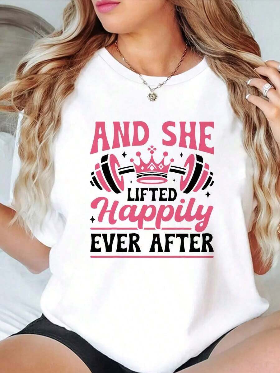 100% algodón puro Camiseta Casual de Cuello Redondo para Mujer con Estampado "AND SHE LIFTED HAPPILY EVER AFTER" - Manga Corta, Corte Regular, Ligeramente Elástica, Ropa de Verano, Ropa Casual de Verano| Moda Motivacional| Camiseta Ligera, Camisetas para Mujer - Blanco - Ver 1