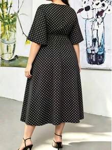 Plus Size Women's Fashion Polka Dot Cinched Waist Round Neck Short Sleeve A-Line Dress Vacation Black Elegant Summer - Black - View 2