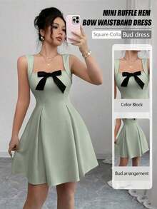 Nuevo vestido de verano elegante y romántico con contraste de color, lazo en la cintura y silueta ajustada de línea A, ideal para bodas y fiestas - verde menta - Ver 8