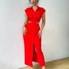 guangzhougaolangshangmao  Vestido largo sencillo y casual de unicolor con botones al frente y mangas cortas para mujer - Rosa Fucsia - Ver 7