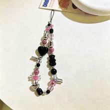 Sangle de poignet de caméra CCD ours fraise cœur mignon, tour de cou de téléphone perlé, charm de coque de téléphone, esthétique Y2K - Rose vif - Voir 5