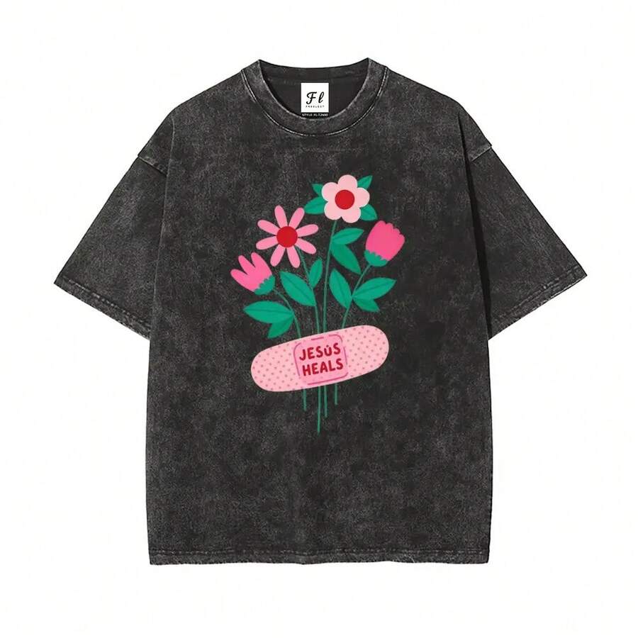 Camiseta Oversize Lavada con Estampado de Jesús Curando y Flores, Estilo Coquette, Casual, Regalo Cristiano - Negro - Ver 1