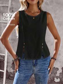 Camisa de mujer de unicolor con botones delanteros y dobladillo con abertura, versátil para vacaciones de verano - Negro 2 - Ver 1