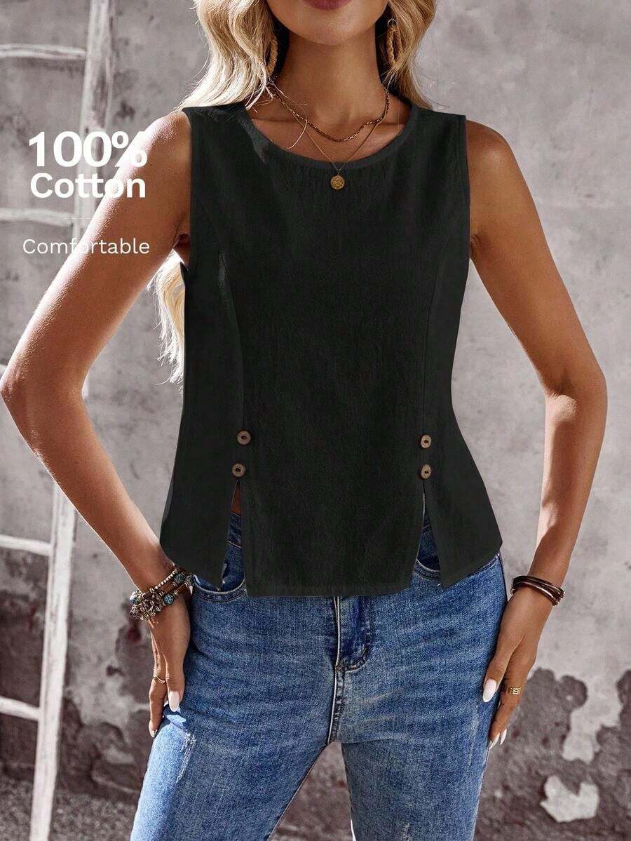 Camisa de mujer de unicolor con botones delanteros y dobladillo con abertura, versátil para vacaciones de verano - Negro 2 - Ver 1
