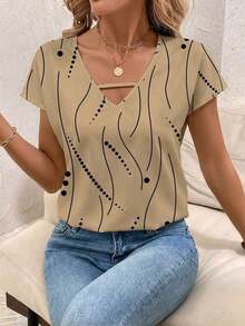 Blusa de mujer con detalles de rayas de contraste y calados, top de manga corta - Caqui - Ver 1