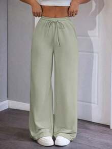 Pantalones de chándal de mujer de punto de unicolor, cómodos y casuales con pierna ancha - verde menta - Ver 7