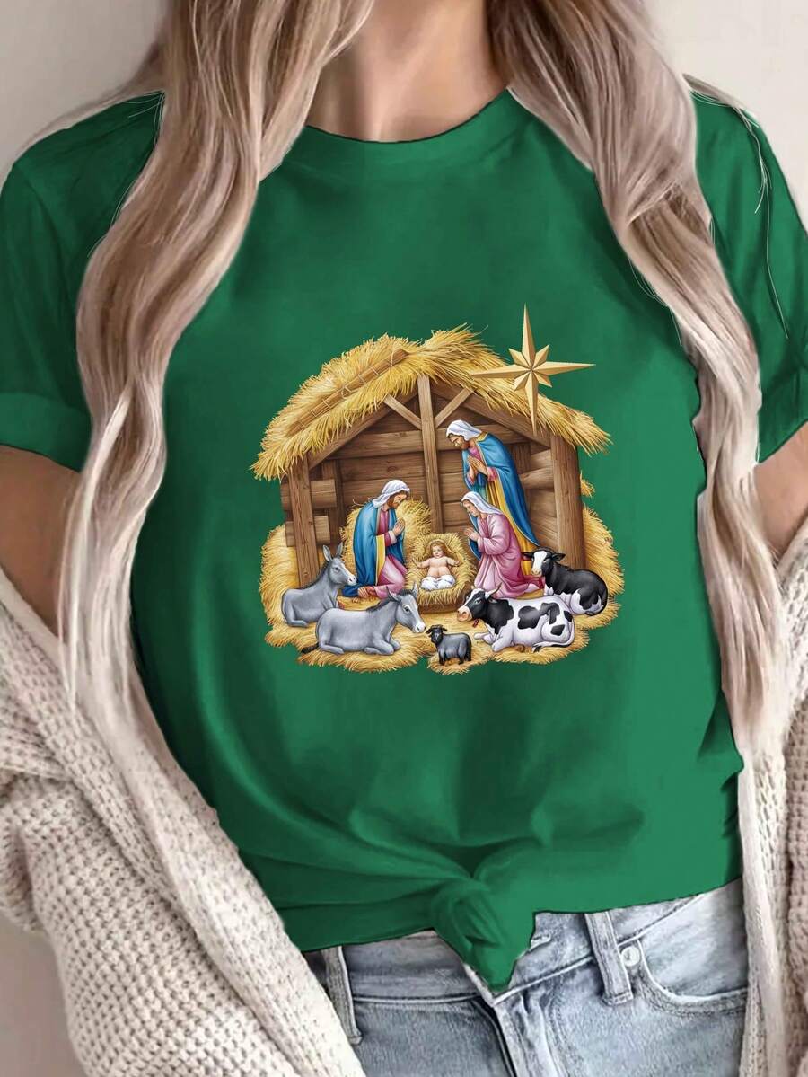 Talla grande - talla extra grande - camiseta de mujer, hecha de algodón puro, tela ligera y transpirable, diseño de cuello redondo, diseño estampado, corte de manga corta, adecuada para primavera y verano. - Verde - Ver 1