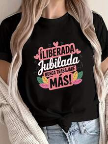 Talla grande - talla extra grande - camiseta de mujer, hecha de algodón puro, tela ligera y transpirable, diseño de cuello redondo, diseño estampado, corte de manga corta, adecuada para primavera y verano. - Negro - Ver 6