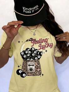 Feeling Lucky Cherry Graphic T-Shirt For Women, Casual Short Sleeve Crew Neck Printed Tee, Aesthetic Y2K Summer Top, Holiday Vacation Spring Festival - 黃色 - 查看 12