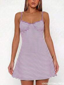 Vestido mini de tirantes finos a rayas, versátil y sexy para vacaciones, nuevo conjunto de vestido de playa para primavera/verano - Lila Púrpura - Ver 5