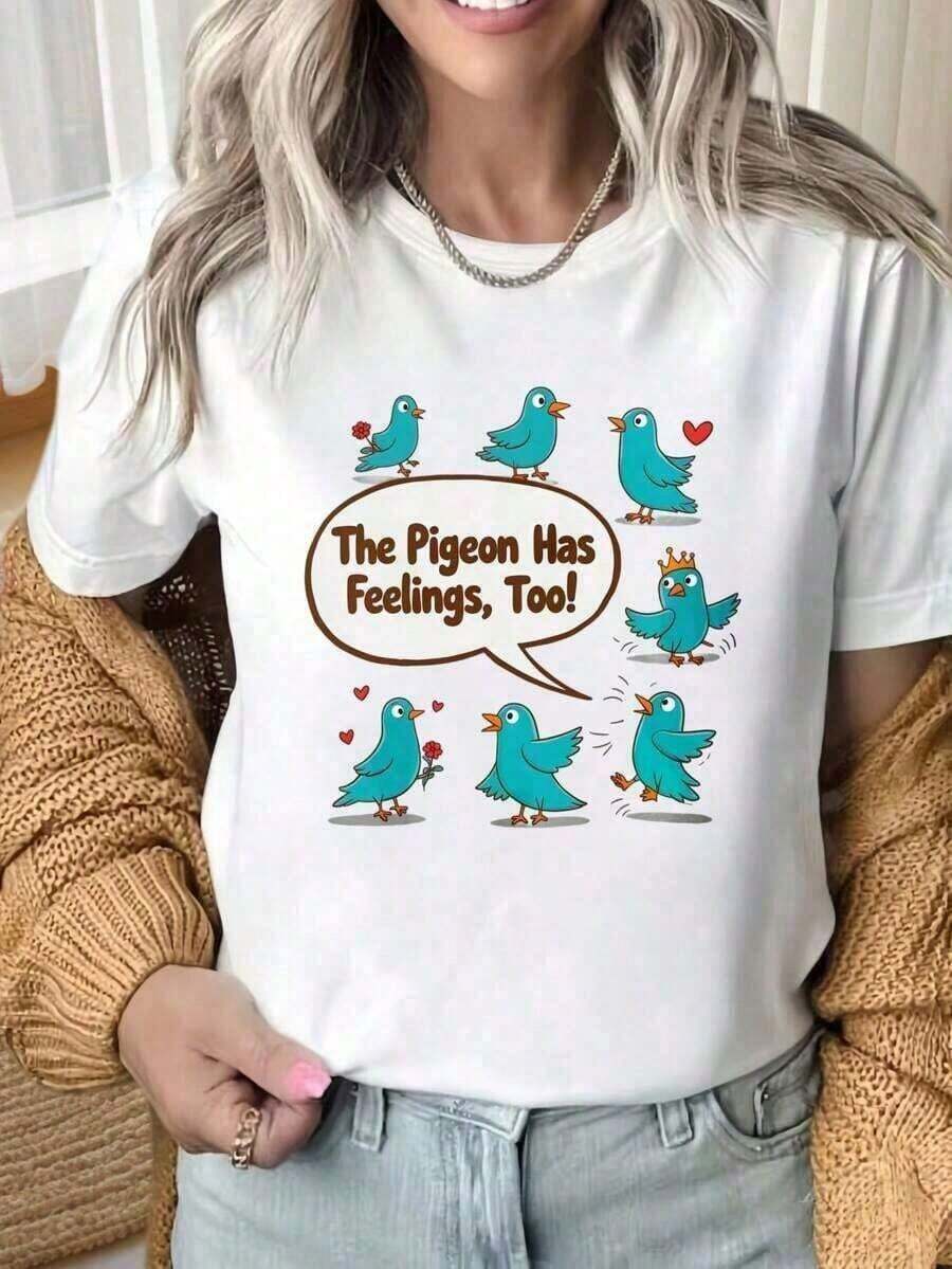 Women's Round Neck Short Sleeve T-Shirt With Dove Design And Slogans, Funny T-Shirt With Speech Bubbles And Cartoon Birds, Fun Print, Suitable For Christmas Parties, Sports Activities, Holiday Parties, Outings, Sports And Other Festive Gifts, Elegant Blouse For Women, Cotton T-Shirt - 白色 - 查看 1