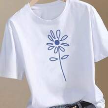 (Talla Asiática) Camiseta de Mujer con Estampado Floral, Estilo Dulce de los 90, Camiseta de Moda para Mujer, Manga Corta con Estampado Gráfico - Blanco - Ver 6