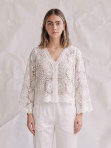 OUTTA BOX Áo khoác cardigan ren móc màu trắng thanh lịch, kiểu dáng sang trọng cổ chữ V khoét rỗng, phù hợp cho các buổi tiệc, lễ tốt nghiệp và kỳ nghỉ biển. - trắng - Xem 1