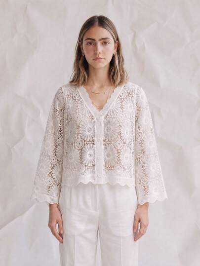 OUTTA BOX Elegant White Crochet Lace Cardigan, Luxury V-Neck Hollow Out Coverup Suitable For Party, Graduation Ceremony And Beach Vacation