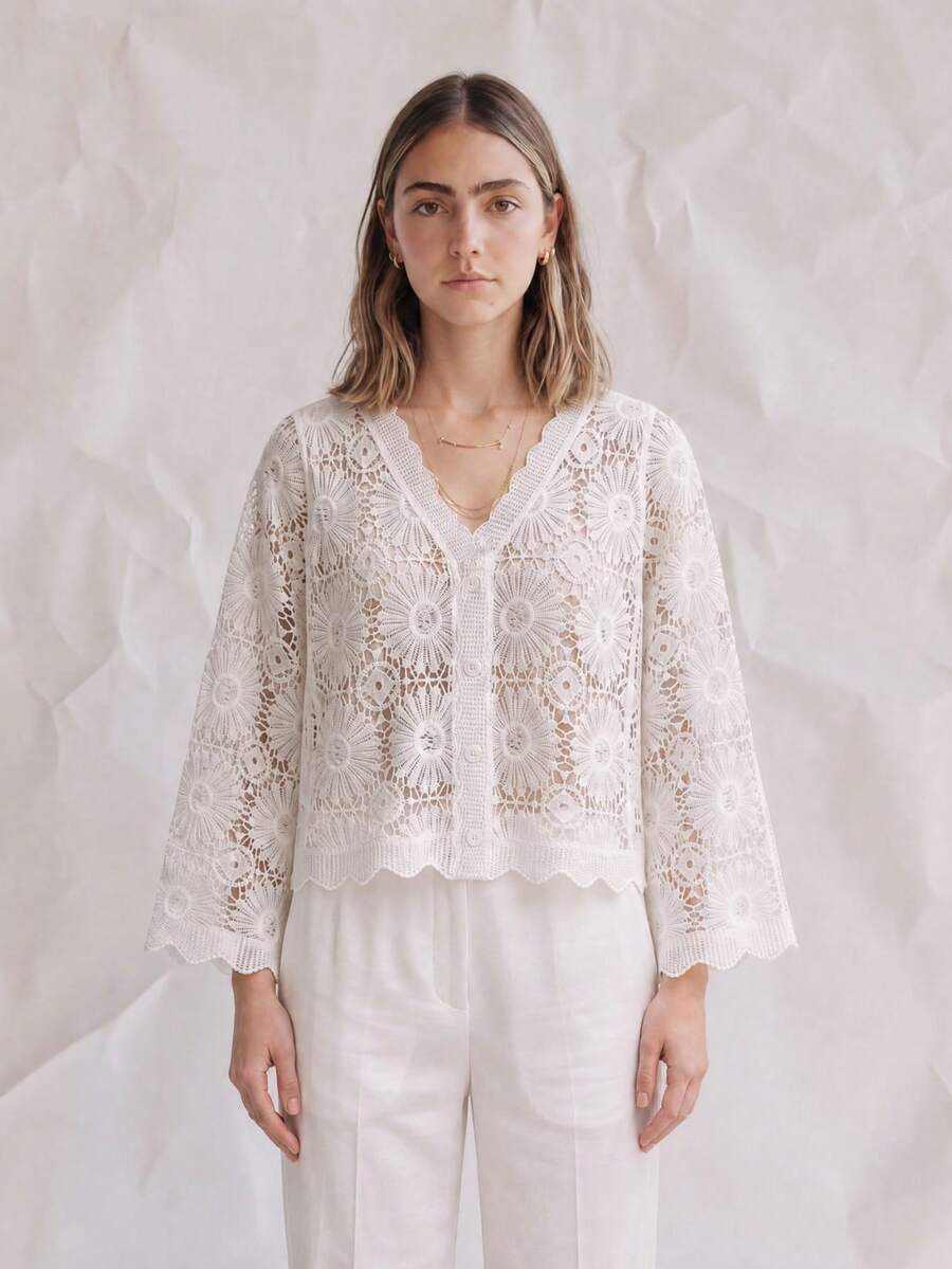 OUTTA BOX Áo khoác cardigan ren móc màu trắng thanh lịch, kiểu dáng sang trọng cổ chữ V khoét rỗng, phù hợp cho các buổi tiệc, lễ tốt nghiệp và kỳ nghỉ biển. - trắng - Xem 1