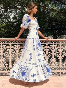 2026 Spring New Women's Clothing-Border European And American Dress Casual Off-Shoulder Sleeve Printed Long Dress - 28338-白底印花 - 查看 2