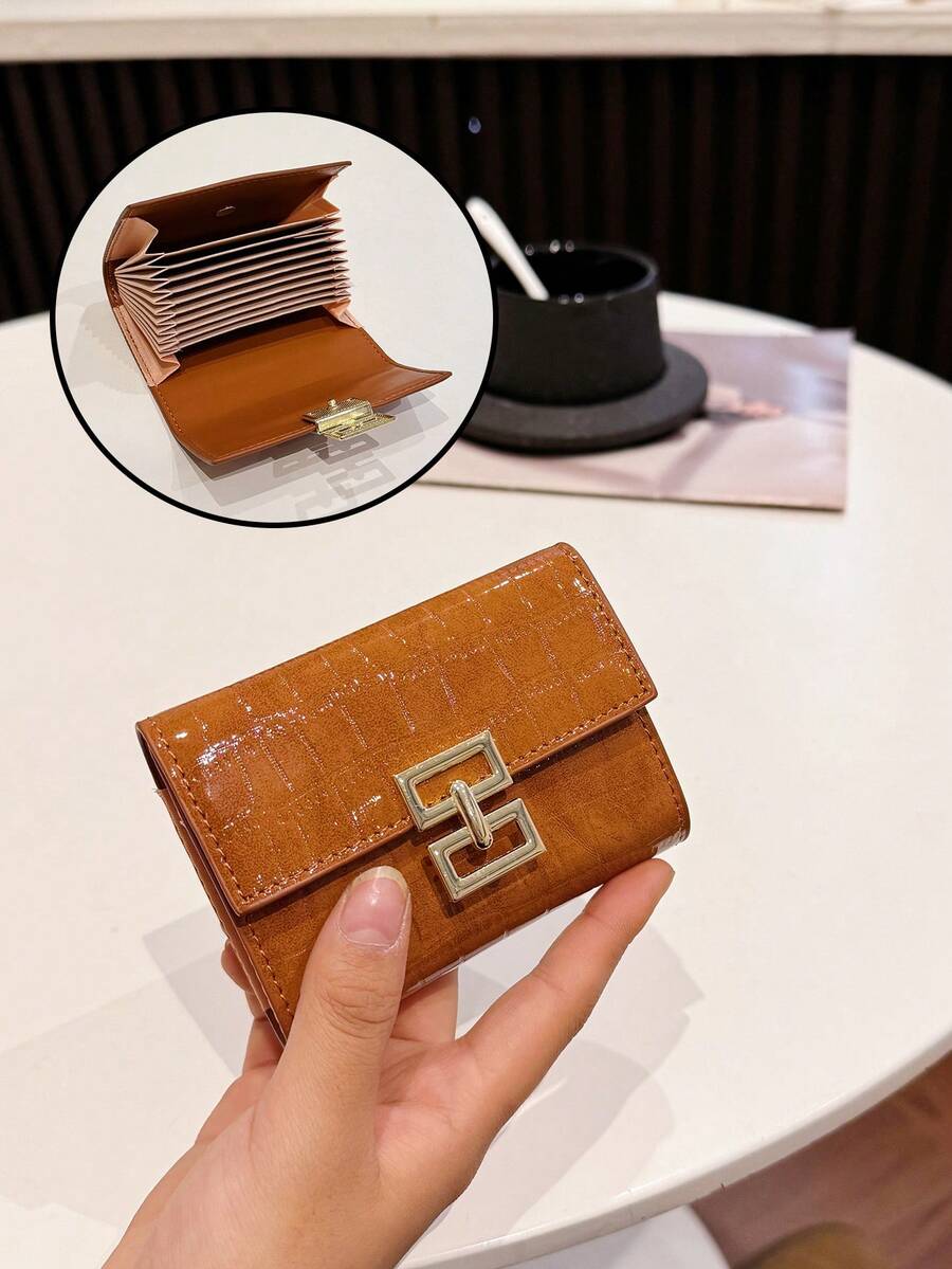 Women's Accordion Card Holder, Glossy Crocodile Embossed With Metal Decoration, Multiple Card Slots And Cash Compartment, Mini Wallet, Travel Essential, Summer Black, Holiday Graduation Teacher Appreciation Gift, Birthday Gift, Mother's Day Gift - Brown - View 1