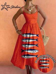 Nuevo lanzamiento de primavera/verano Sea Starshine: Vestido largo maxi con un alegre estampado de peces, perfecto para vacaciones en la playa y el té de la tarde. - Naranja - Ver 6