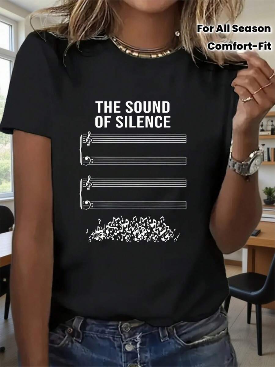 1 pieza Camiseta de manga corta negra casual para mujer - Estampado minimalista de notas musicales y pentagrama 'The Sound of Silence', corte cómodo y suave, top versátil para todas las estaciones, regalo perfecto para mujeres y adolescentes, ropa con temática musical