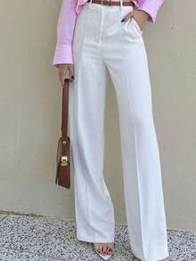 Calça Reta Longa Feminina de Poliéster, Média Elasticidade, Com Bolsos, Adequada para Escola, Trabalho, Uso Casual, Verão, Outono e Inverno Branca - Branco - Visão 7