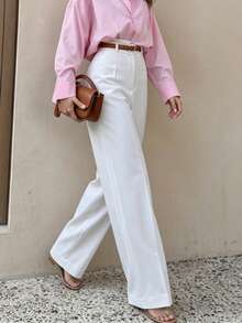 Calça Reta Longa Feminina de Poliéster, Média Elasticidade, Com Bolsos, Adequada para Escola, Trabalho, Uso Casual, Verão, Outono e Inverno Branca - Branco - Visão 4
