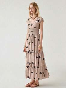 Vestido largo con volantes y estampado completo, atuendo de vacaciones y playa para mujeres - Caqui - Ver 6