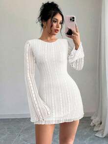 Vestido elegante y romántico, de estilo elegante para ir al trabajo, sexy, adecuado para fiesta, vacaciones, vuelta al colegio, cita romántica, boda o cumpleaños, ajustado, de encaje, de manga larga y mini, para otoño/invierno - Blanco - Ver 4