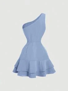 MOD Vestido asimétrico azul con volantes en el bajo, con aire romántico y soñador, apropiado para citas, fiestas, vacaciones, fiestas de té, atuendo de cumpleaños - Celeste - Ver 2