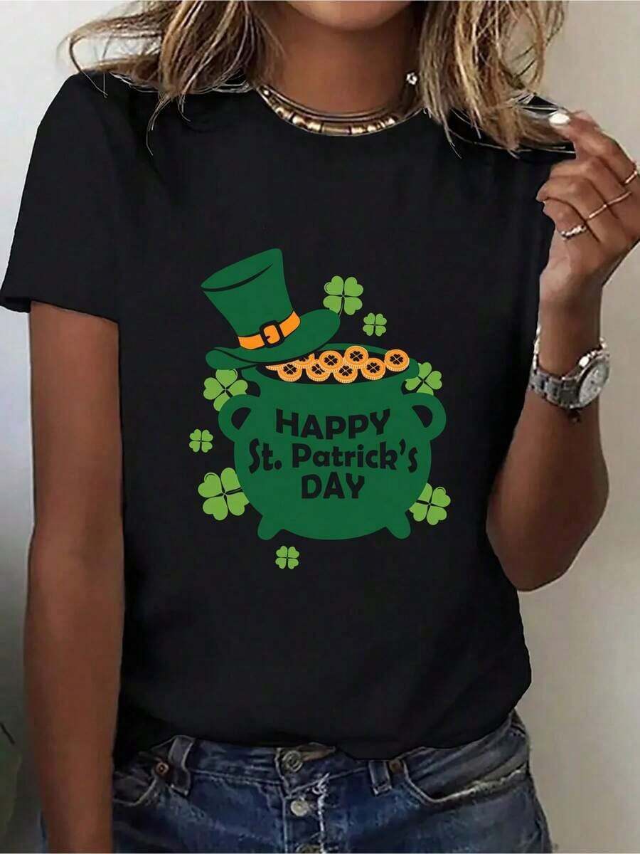 100% algodón puro Camiseta Deportiva de Moda para Mujer con Estampado de Trébol Irlandés y Patrón Dorado, Cuello Redondo, Manga Corta, Cómoda, Camiseta Deportiva para el Día de San Patricio, Camiseta para Celebrar el Aniversario del Día de San Patricio. - Negro - Ver 1