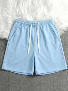Men's Casual Drawstring Waist Knit Shorts, Suitable As Father's Day Gift, Available In Multiple Colors, Lightweight And Breathable Summer Shorts - Blue - View 5