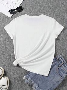 Estampado de girasoles - con diseño de lazo - cuello redondo casual, mangas cortas, camiseta de moda primavera/verano - Blanco - Ver 2