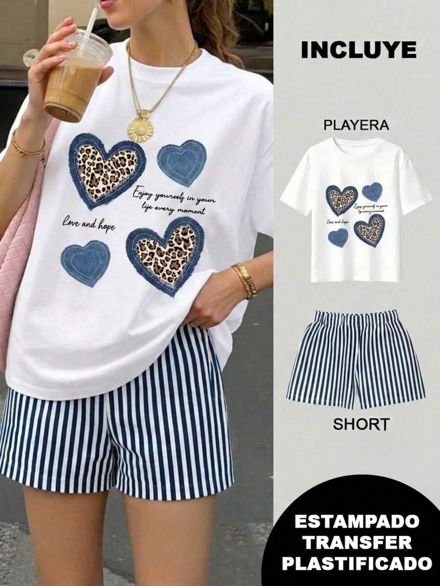 Conjunto de dos piezas, playera y short, playera estampada con diseño, short corto de rayas, adecuado para vacaciones en la playa, verano, vacaciones, viaje, para temporada de calor - 2 Playera Blanca Corazón Mezclilla con Short Rayas Azul Marino con Blanco - Ver 1