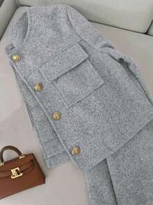 Chaqueta elegante y casual con estampado de dragón y fénix para mujer, de cuello redondo, unicolor, manga larga, minimalista y de moda para otoño/invierno en color negro - Gris - Ver 3