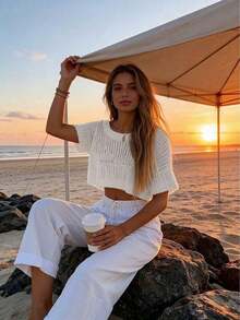 Suéter de punto de mujer de verano con cuello redondo, manga corta, corte holgado, ajuste delgado, ligero y transpirable de unicolor, para uso casual en la playa y viajes, color negro - Blanco - Ver 4