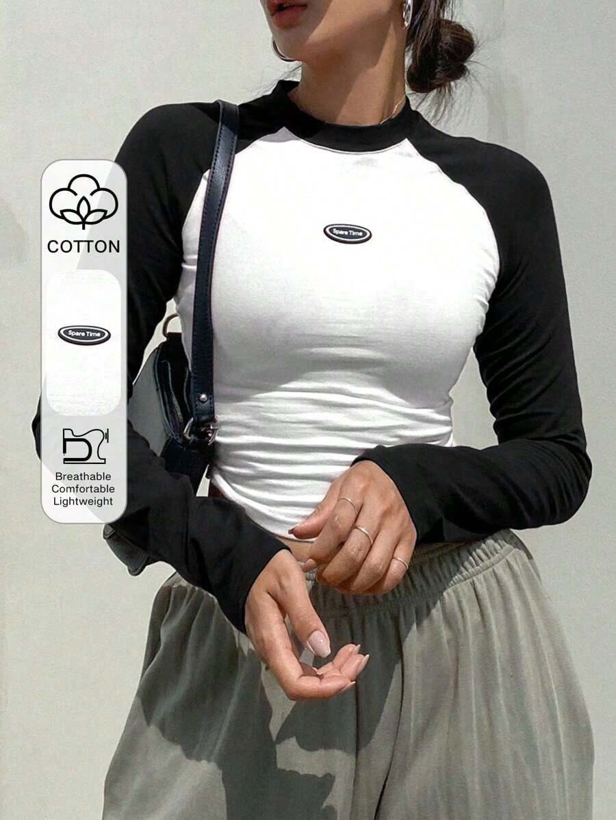 Camiseta de manga larga con bloque de color y parche de letra, top de mujer de manga larga estilo Y2K - Multicolor 2 - Ver 1