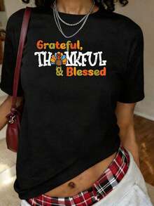 Camiseta Duradera con Estampado de Calabaza y Girasol, Manga Corta, Cuello Redondo, Estilo Casual para Verano y Primavera, Ropa de Tallas Grandes para Mujer - Negro - Ver 1