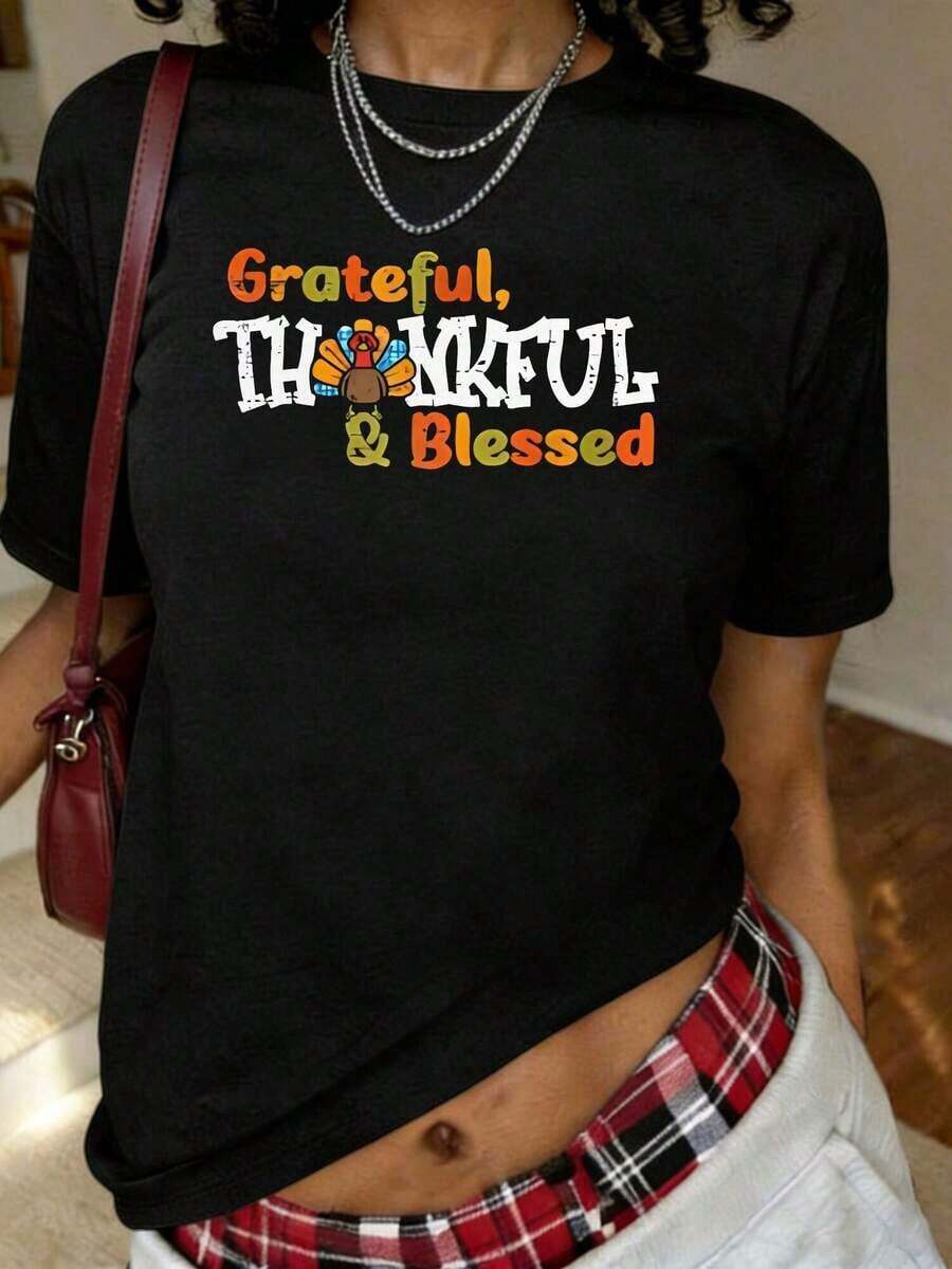 Camiseta Duradera con Estampado de Calabaza y Girasol, Manga Corta, Cuello Redondo, Estilo Casual para Verano y Primavera, Ropa de Tallas Grandes para Mujer - Negro - Ver 1