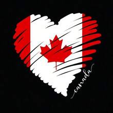 Women's Casual Cotton T-Shirt With Canadian Flag And Heart Print, Short Sleeve, Round Neck, Drop Shoulder, Cute Summer Garment With Slightly Stretchy Fabric - 黑色 4 - 查看 5