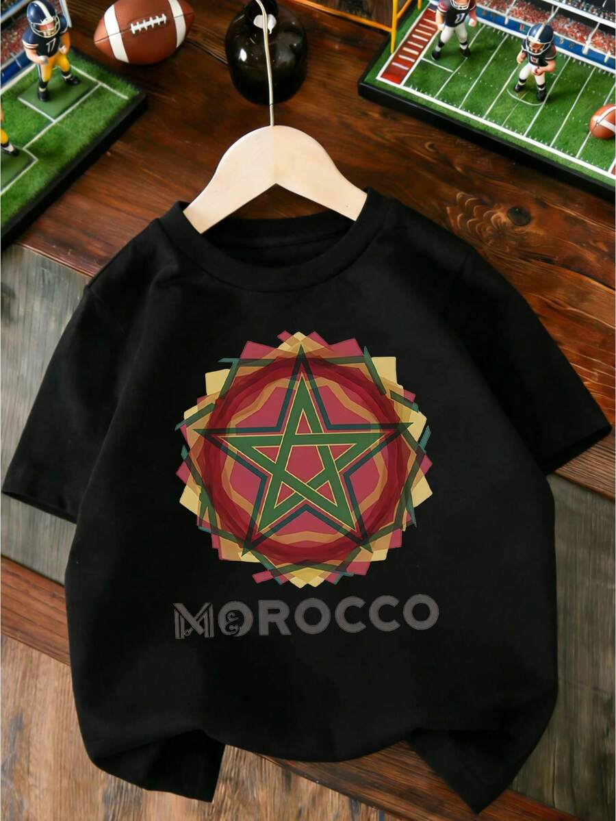Unisex Children's T-Shirt With A Colorful Geometric Star Pattern, Perfect For Everyday Casual Wear And Back To School. Comfortable And Relaxed Casual T-Shirt That Feels Great Against The Skin. - 黑色 - 查看 1