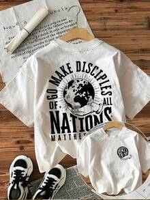 Short-Sleeved T-Shirt With Round Neck, % Cotton [Double-Sided Print], Vintage Style With Earth Hand Go Make Letter Print, Suitable For All Seasons, Can Be Used As A Base Layer In Spring And Autumn Or Alone In Summer, Unisex Style, Modern Heavy Cotton Cityboy Style Top. - 杏色 - 查看 7
