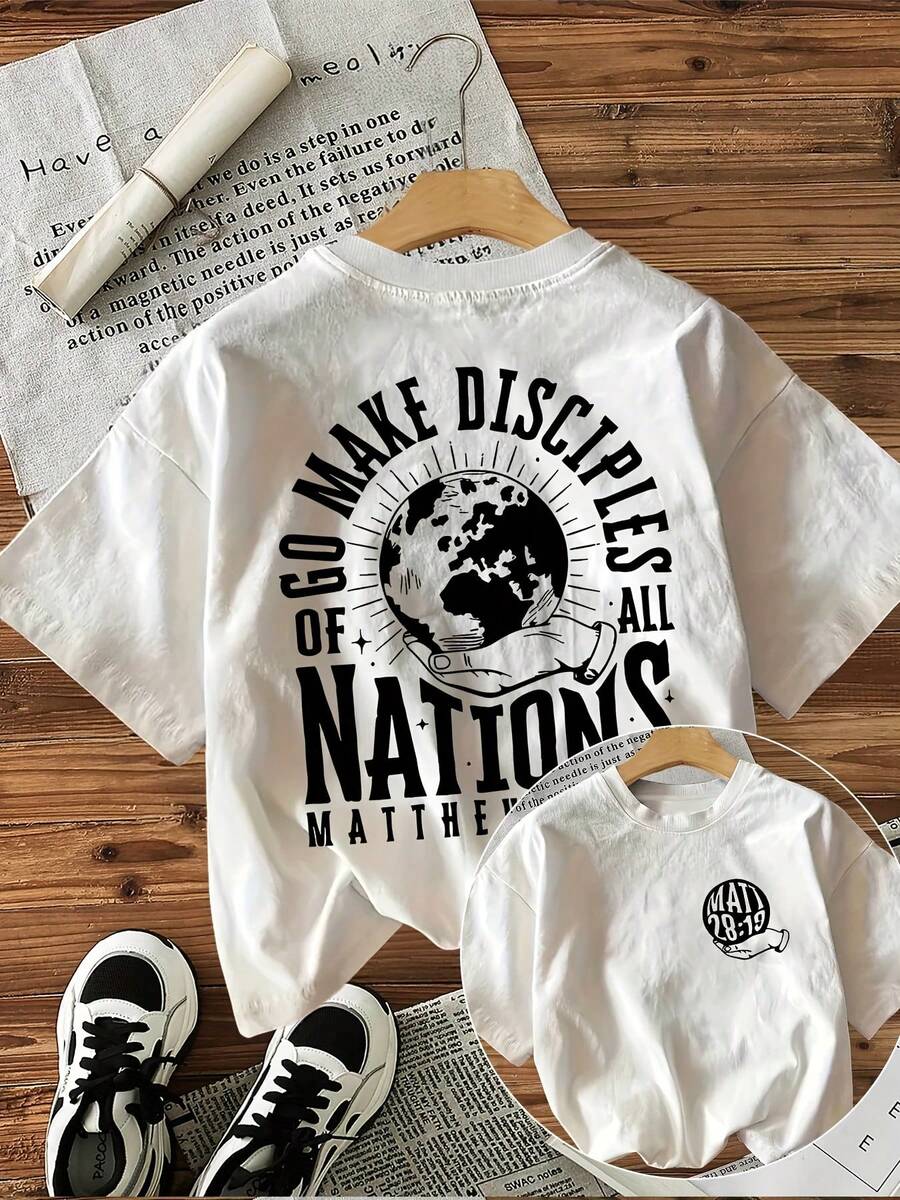 Short-Sleeved T-Shirt With Round Neck, % Cotton [Double-Sided Print], Vintage Style With Earth Hand Go Make Letter Print, Suitable For All Seasons, Can Be Used As A Base Layer In Spring And Autumn Or Alone In Summer, Unisex Style, Modern Heavy Cotton Cityboy Style Top. - 白色 - 查看 1