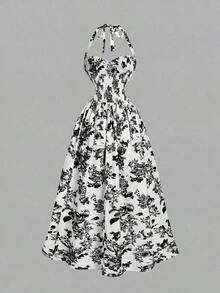 dfgSHEIN MOD Vestido de mujer de longitud media con estampado floral romántico, estilo bohemio, estilo occidental, adecuado para vacaciones, picnic, playa, atuendos de verano para mujer, atuendos de vacaciones, Pascua, vestido de invitada de boda, estilo bohemio, atuendo de concierto para mujer, atuendo de crucero para mujer, atuendos de campo para mujerafd EHX1 - Blanco y Negro - Ver 2