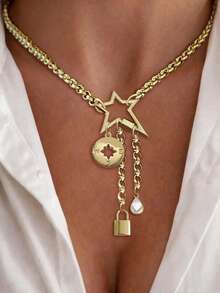 1PC Gold Five Pointed Star Buckle Necklace With Lock, Octagonal Star Pendant, Suitable For Ladies' Exquisite Holiday Party Gifts - Yellow Gold - View 7