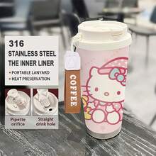 Miniso Bình giữ nhiệt cà phê bằng thép không gỉ Sanrio Hello Kitty có dây đeo cổ tay, nắp lật chống rò rỉ, vòi uống kiêm ống hút, và là cốc du lịch bền chắc cho đồ uống nóng/lạnh. - Nhiều màu - Xem 2