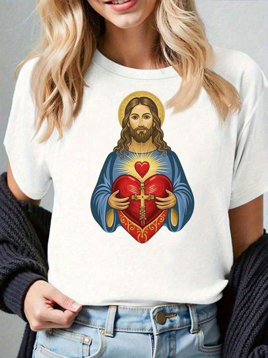 Soft Camiseta Religiosa Católica para Mujer - Sagrado Corazón de Jesús con Aureola Dorada y Símbolo de Cruz - Manga Corta Cuello Redondo Casual (, Gris, Blanco, Rojo Oscuro) - Ropa - Blanco - Ver 1