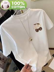 Women's 100% Cotton T-Shirt - Leopard Print And Lettering Design - Fashionable Women's T-Shirt; Loose And Comfortable; Casual Short Sleeve Crew Neck T-Shirt For Women; Soft And Breathable Women's T-Shirt For All Seasons - 白色 - 查看 1